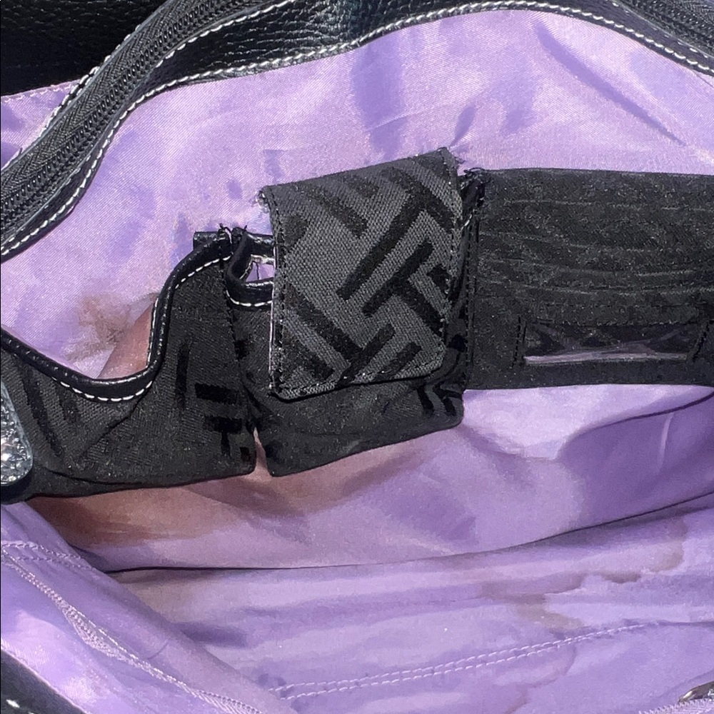 Designer-Inspired Black Tote with Purple and Red Stripe Accents - Picture 7 of 12